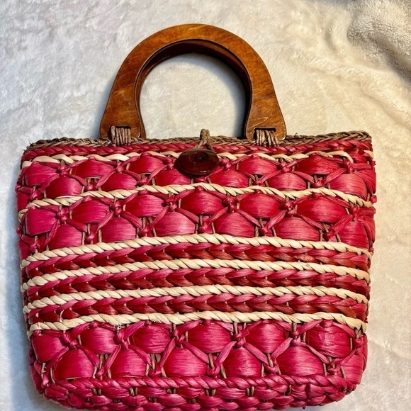 Straw Tote Red Beige Brown 100% Cornhusk Wooden Handles Fabric interior Pocket - Picture 3 of 12